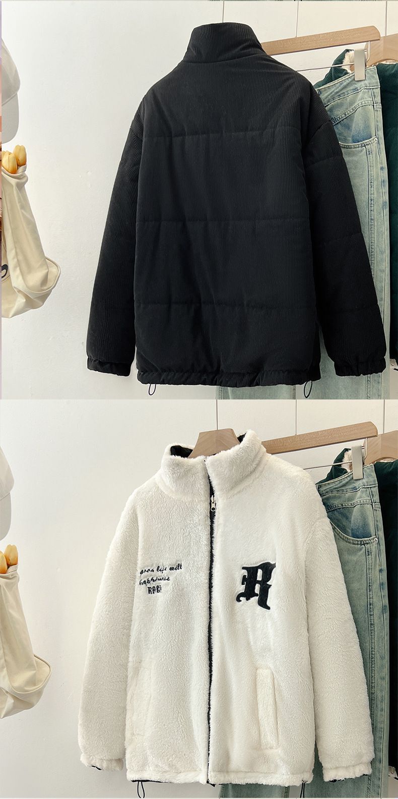 Doppelseitige Daunenjacke für Paare, Baumwolljacke mit Designgefühl für Damen, koreanische Version aus loser Lammwolle mit dickem Vlies,_voghion.com