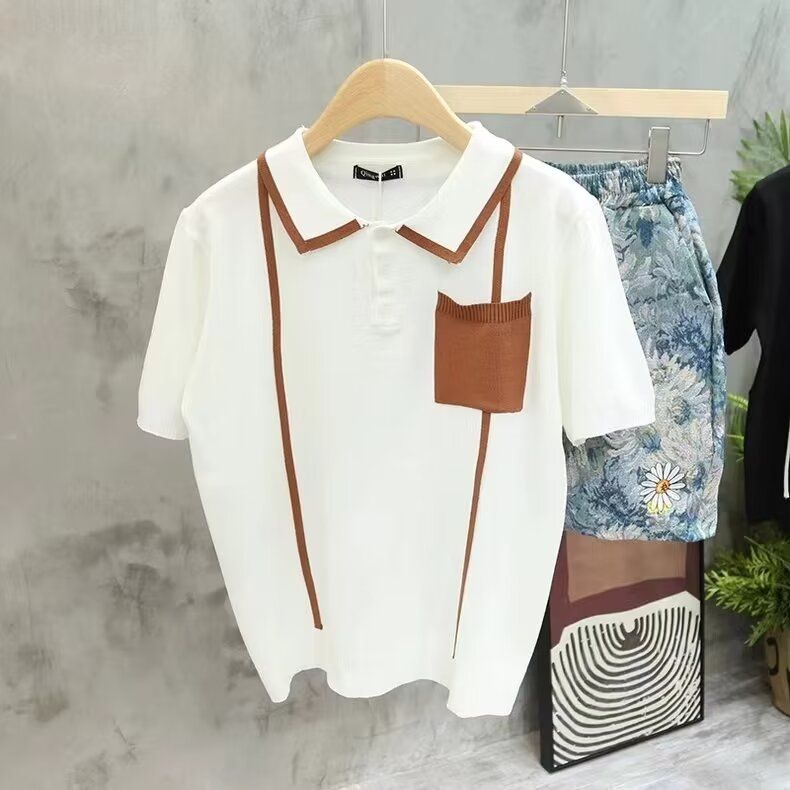 Polo estiva a righe da uomo, versatile, in seta ghiacciata fresca e a maniche corte, semplice e alla moda, con scollo rotondo._voghion.com