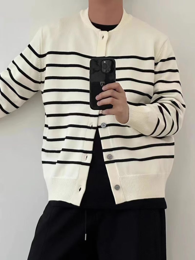 Gestreifter Damen-Strickpullover – Langärmliger, lässiger Mantel mit Knopfleiste vorne, offen, weich und bequem, trendiger College-Stil_voghion.com