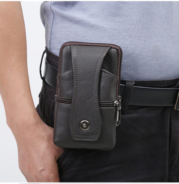 Men Leather Waist Bag Large Capacity Belt Bag Brown Shoulder Bags Crossbody Bags Multi-layer Buckle Mobile Phone Bag Bum Pouch_voghion.com