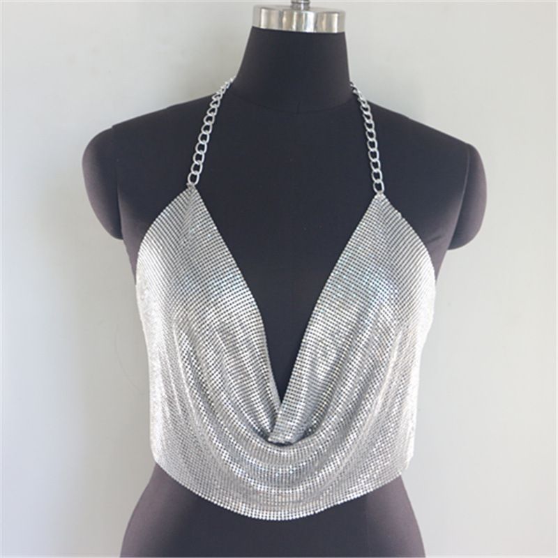 Gilet con paillettes e diamanti in stile discoteca sexy con catena in metallo, scollo a V e scollo all'americana_voghion.com