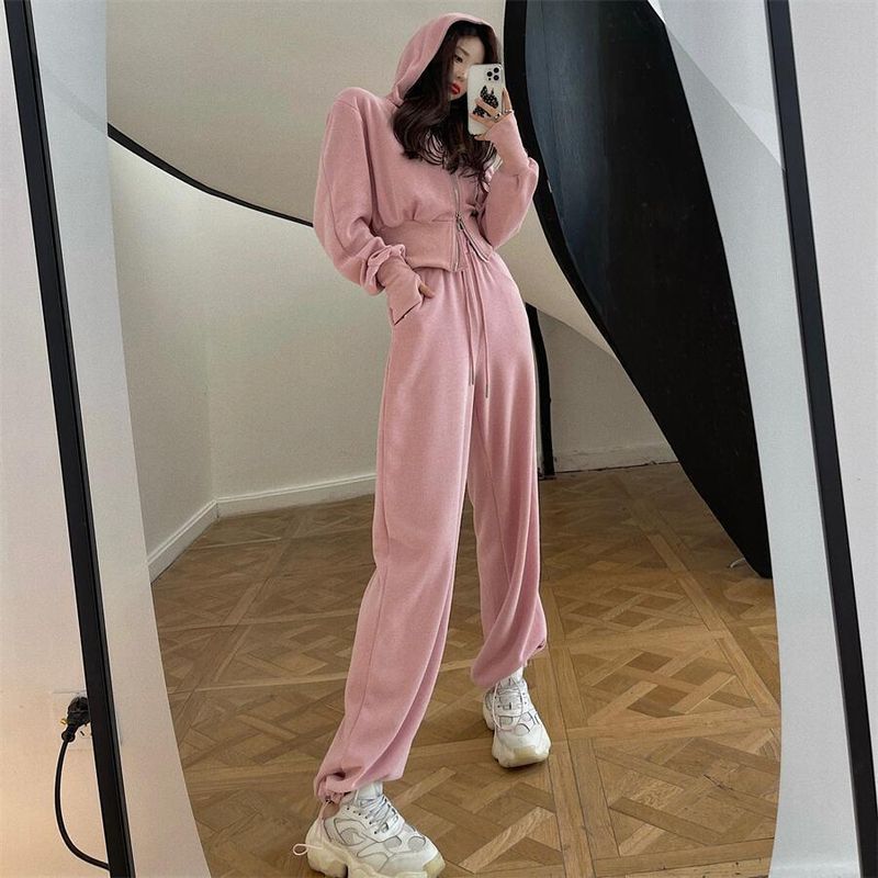 Early Autumn Sports Style Double Zipper Hoodie Short Jacket Drawstring Jogger Pants Set Two-Piece Women's Outfit_voghion.com