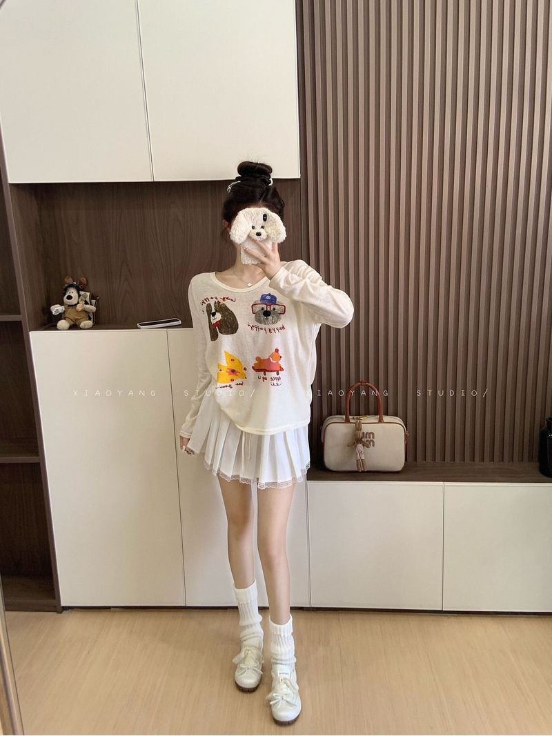Apricot Cartoon Print Design, Long Sleeved T-shirt, Women's Early Autumn Lazy Style, Loose And Casual Interior, Round_voghion.com