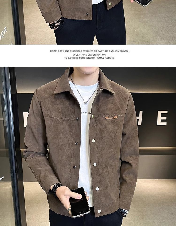 "Men's Suede-Look Jacket - -Inspired Slim Fit Casual Coat With Notch Lapel & Side Pockets (Brown/Black, M-3XL)"_voghion.com