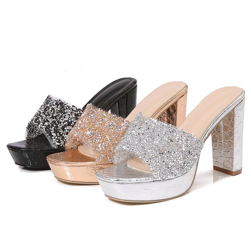 2025 Ladies Bohemian New Fashionable Rhinestone Slippers Korean Version Thick Soled High-heeled Women's Shoes_voghion.com
