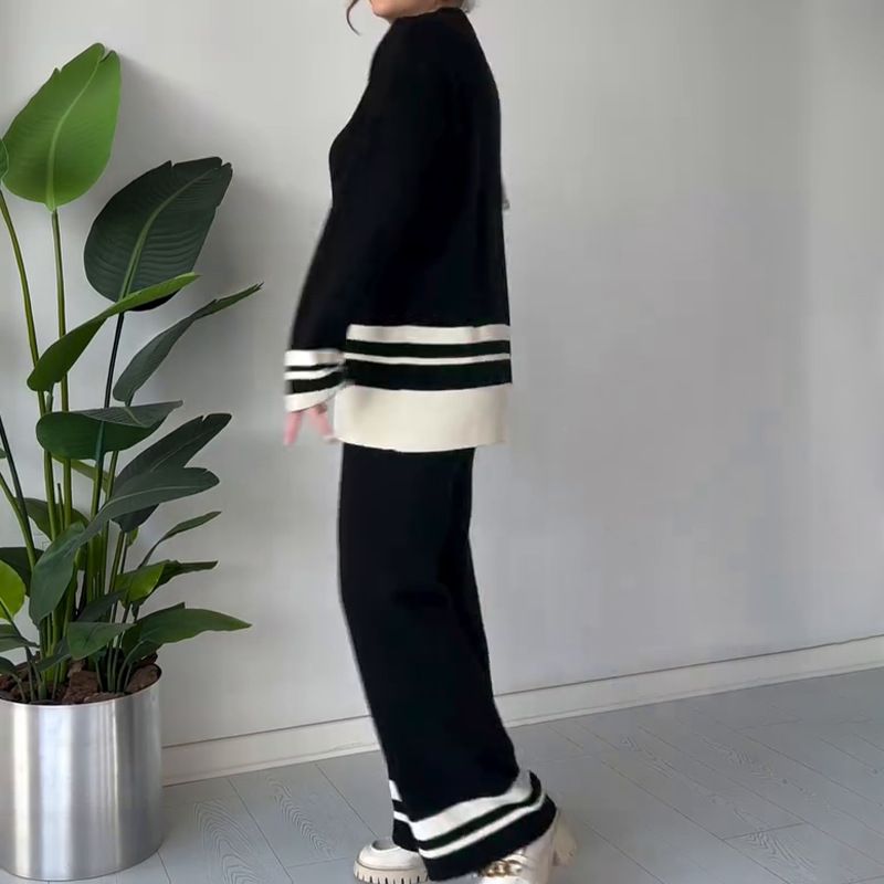 Women's Clothing new fashion leisure lazy style knitted contrast color comfortable suit_voghion.com