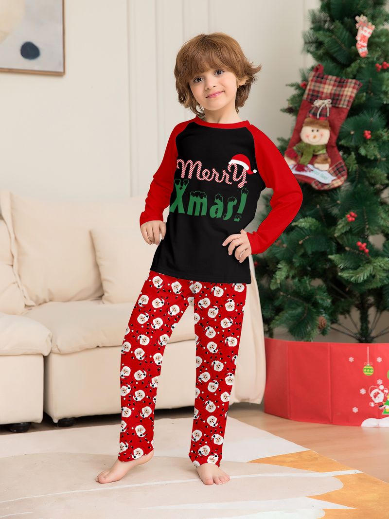 Parent Child Home Clothes Christmas Hat Letter Print Long Sleeve Santa Claus Cartoon Print Trousers Pajamas Set_voghion.com