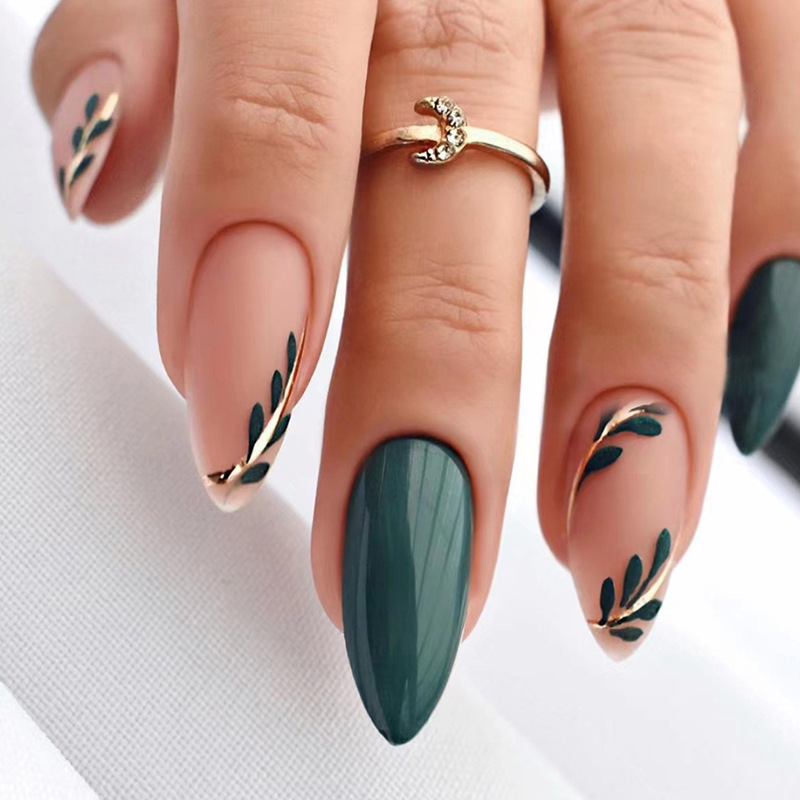 Small fresh bright matte double nail art, minimalist, leaf wearing armor, dark green temperament, sweet and cool_voghion.com