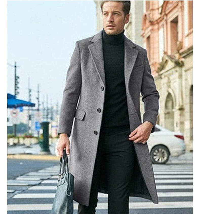 Men's Clothing Slim Mid Length Woolen Coat Single Breasted Trench Coat Slim Fit_voghion.com
