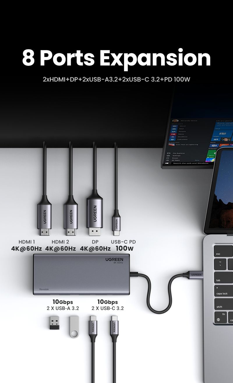 UGREEN Triple Display USB C HUB 10Gbps 4K Adapter 8-in-1 Splitter With HDMI DP USB3.2 PD 100W Dock For MacBook Pro Air PC_voghion.com