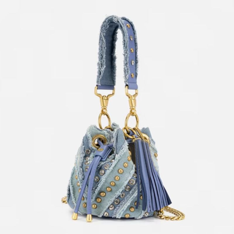 Vintage Denim Bucket mit Nieten und Strasssteinen, Schulter-Unterarmtasche, Crossbody Bag für Frauen 2025_voghion.com