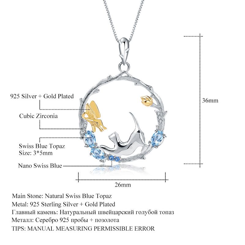 Designer-Anhänger im nationalen Stil mit natürlichem Edelstein und Tierdesign, Silber-Topas-Halskettenanhänger_voghion.com