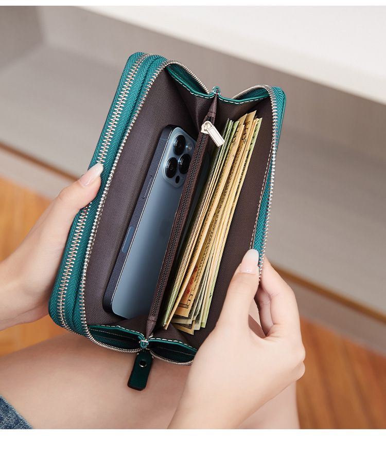 RFID-blockierende lange Geldbörse mit Doppelreißverschluss – Vintage-inspirierte Clutch aus PU-Leder für die wichtigsten Alltagsgegenstände, multifunktionale Clutch mit großem Fassungsvermögen_voghion.com