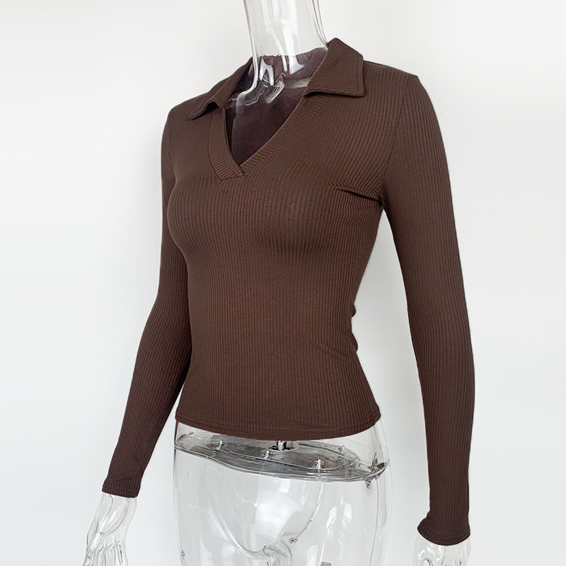 T-shirt da donna elegante con collo alto e maniche lunghe a V profonda in cotone attillato_voghion.com