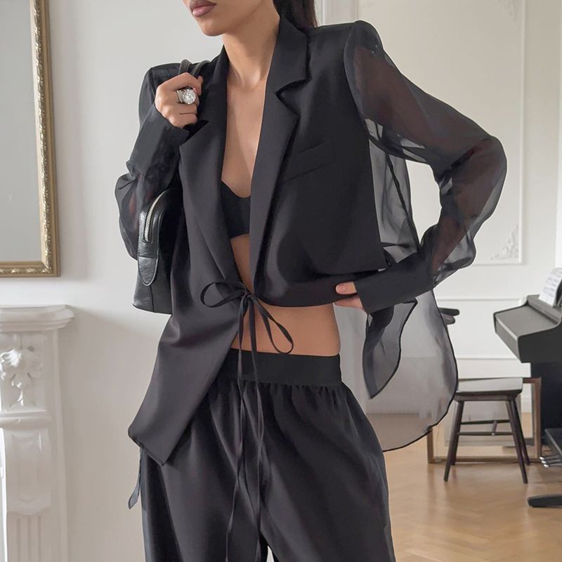 Autumn New Lace-Up Mesh Blazer Loose Wide-Leg Pants Set Design Sense Elegant Casual 2025 Cross-Border_voghion.com