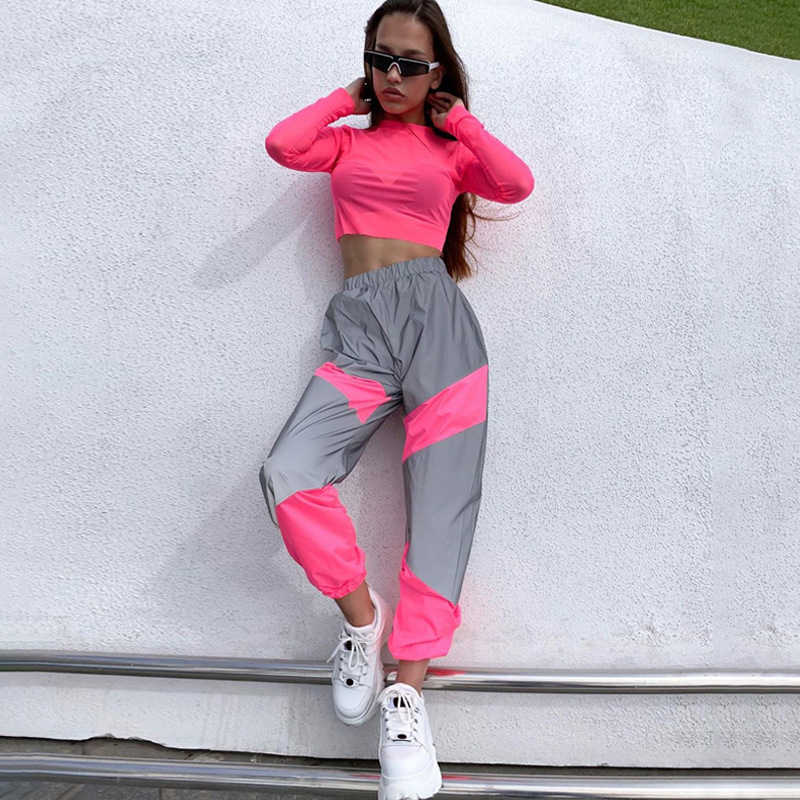 Pantalon de sport décontracté pour femmes, taille moyenne, patchwork réfléchissant, course de nuit, décontracté_voghion.com