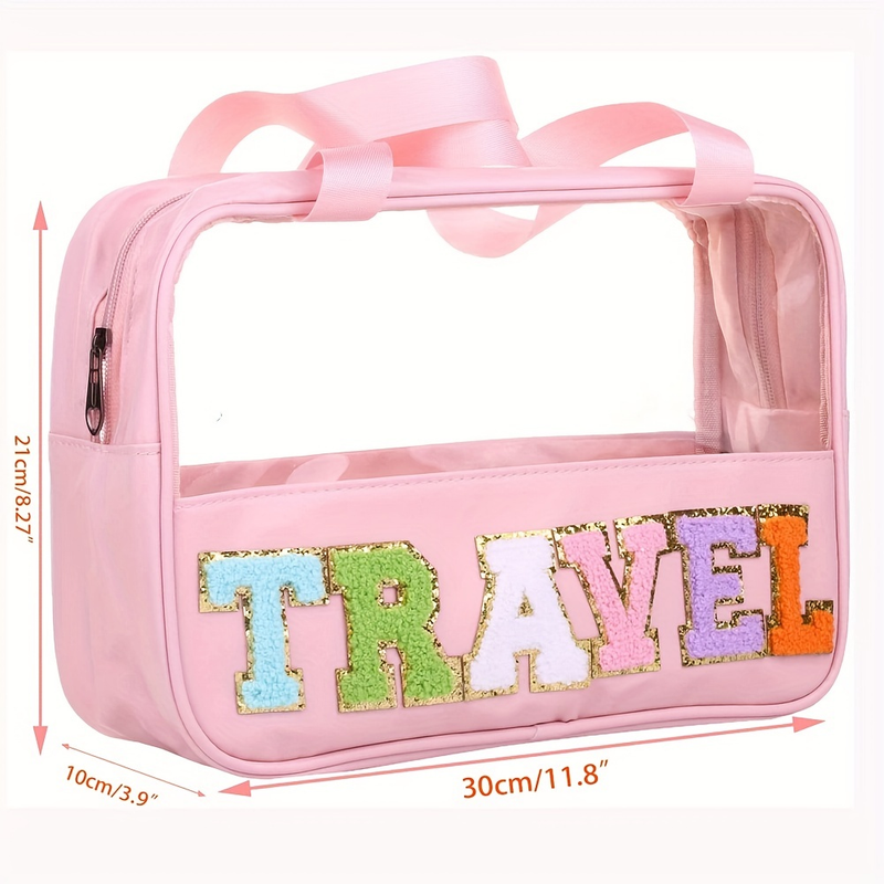 Transparent Letter Pattern Makeup Bag With Handle, Lightweight Portable Waterproof Travel Essentials Large Capacity Cosmetic Bag Zipper Pouch_voghion.com