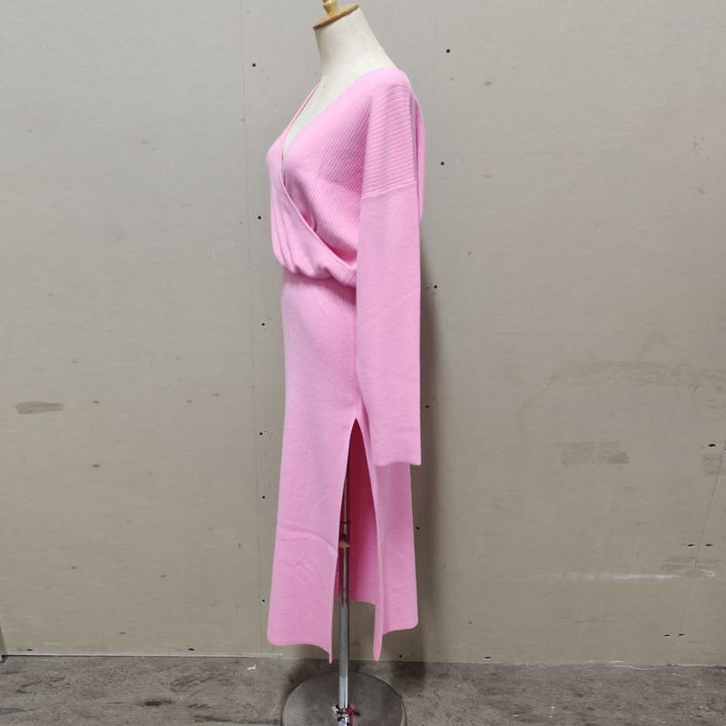 Women’s V-Neck Knit Top & High-Slit Skirt Set – Soft Autumn Layering Essential For Effortless Elegance_voghion.com