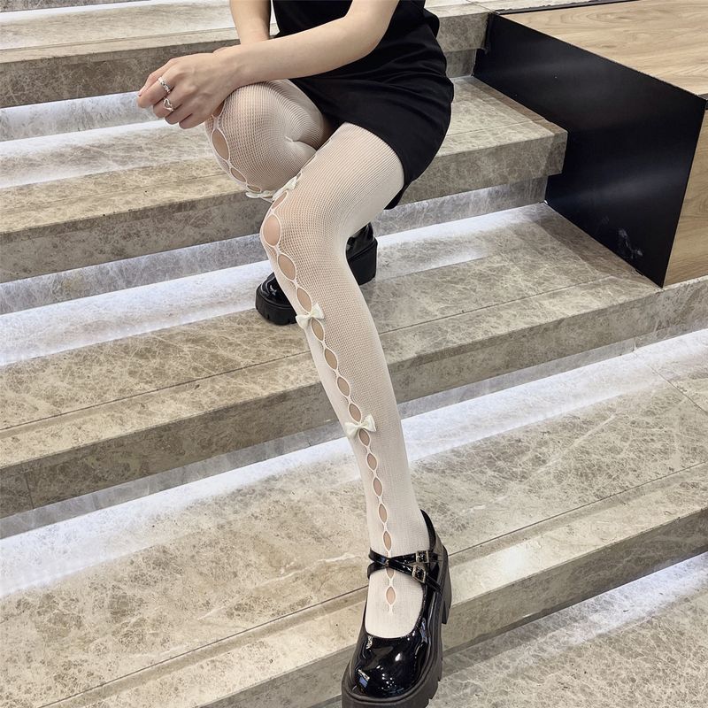 Japansk stil söt flicka rutig sammet handgjord rosett ihåliga hål strumpbyxor vita strumpbyxor_voghion.com