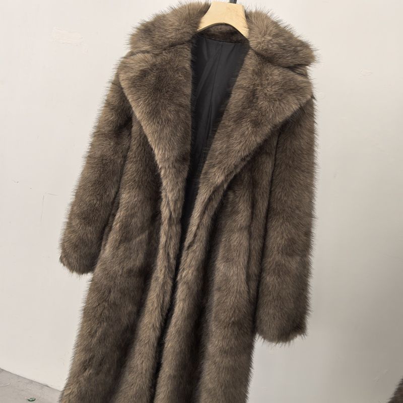 Damenbekleidung Hochwertiger Kunstpelz Umweltfreundlicher Damen Langer Kunstpelzmantel - Elegante Jacke Reverstaschen Individualisierbar_voghion.com