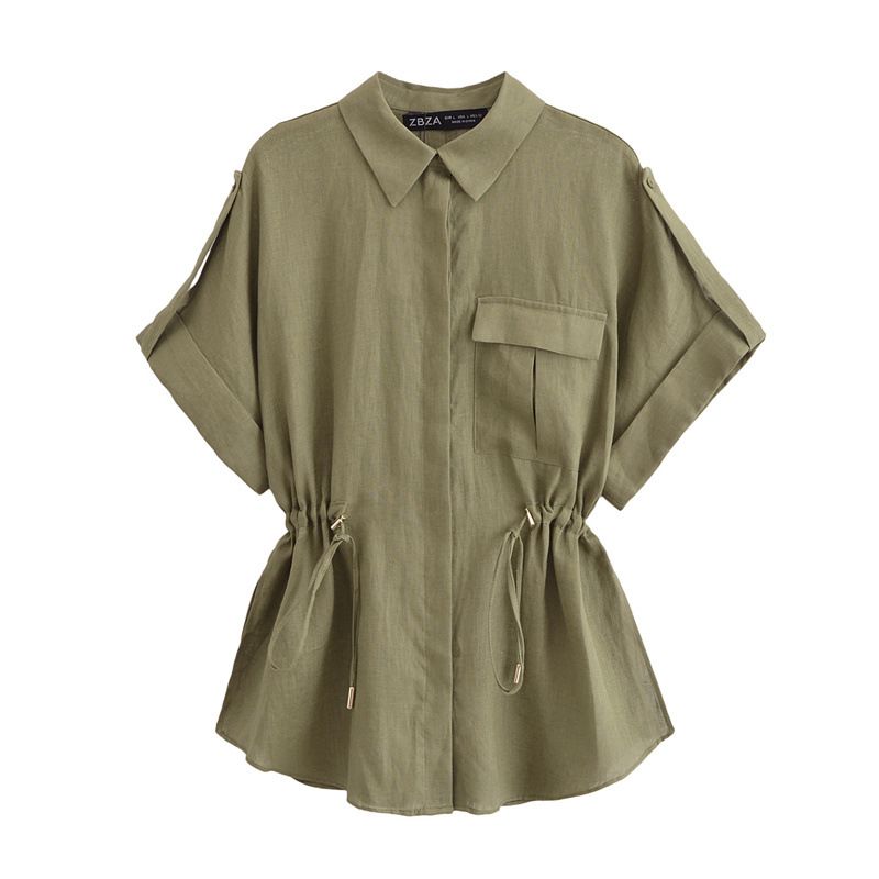 Audday Damen Leinen Freizeitanzug Kordelzug Kurzarmhemd Gerade Hose34367073454707_voghion.com