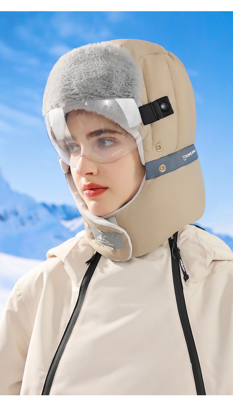 Unisex Winter Trappermütze mit Schutzbrille – Winddichte, wasserdichte Skimütze mit Fleecefutter für Outdoor-Aktivitäten in Schwarz, Grau, Khaki, Pink_voghion.com
