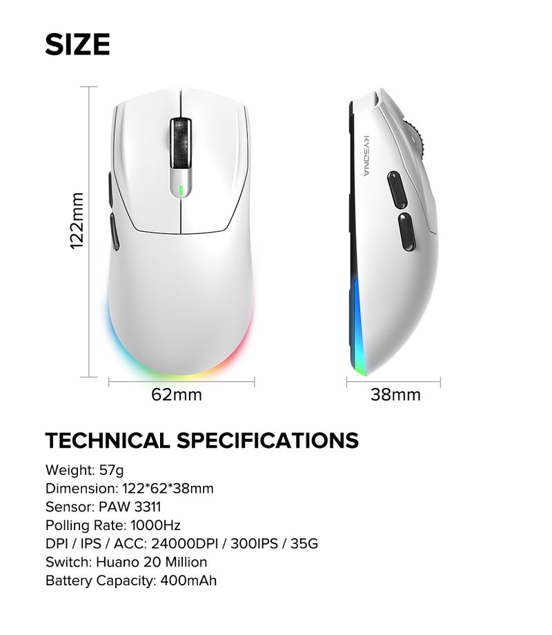 KYSONA M660 Wireless Gaming Mouse Bluetooth Mice Ergonomic 57g Lightweight 1KHz Polling Rate 24000DPI For Laptop PC_voghion.com