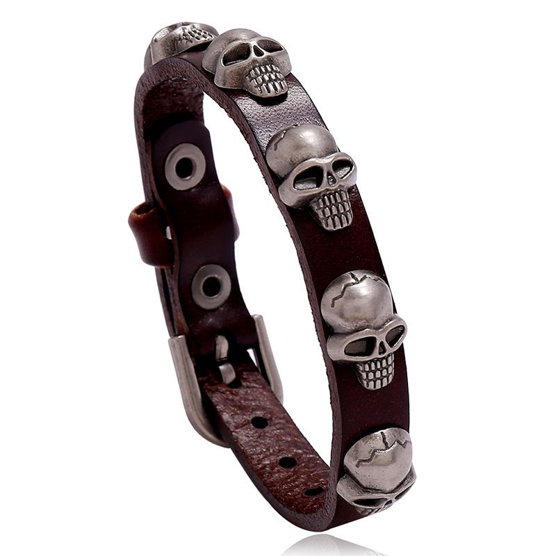 Genuine Leather For Men Skull Head Punk Rock Unisex Star Cowhide Bracelet_voghion.com