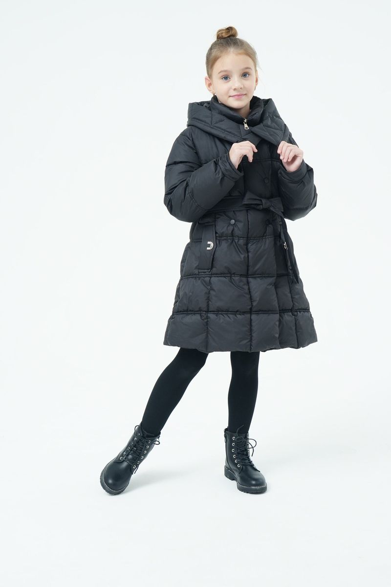 Mother & Kids Langer Puffermantel für Mädchen mit Gürtel und Kapuze – Warme Winterjacke mit Fleecefutter für Kinder (120–150 cm) – Lila/Wassermelonenrot/Schwarz_voghion.com