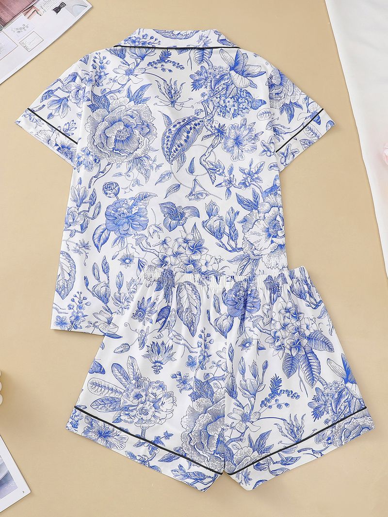 Damen Nachtwäsche Weißer Hintergrund Blau Blumendruck Damen Kurzarm Shorts Home Wear Anzug Strickjacke Lose_voghion.com