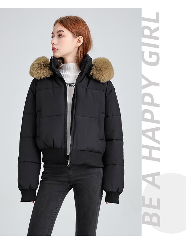 Women's Short Puffer Jacket With Rabbit Fur Hood - Stylish Winter Coat With Waist Drawstring, Quilted Polyester Outerwear For Cold Weather_voghion.com