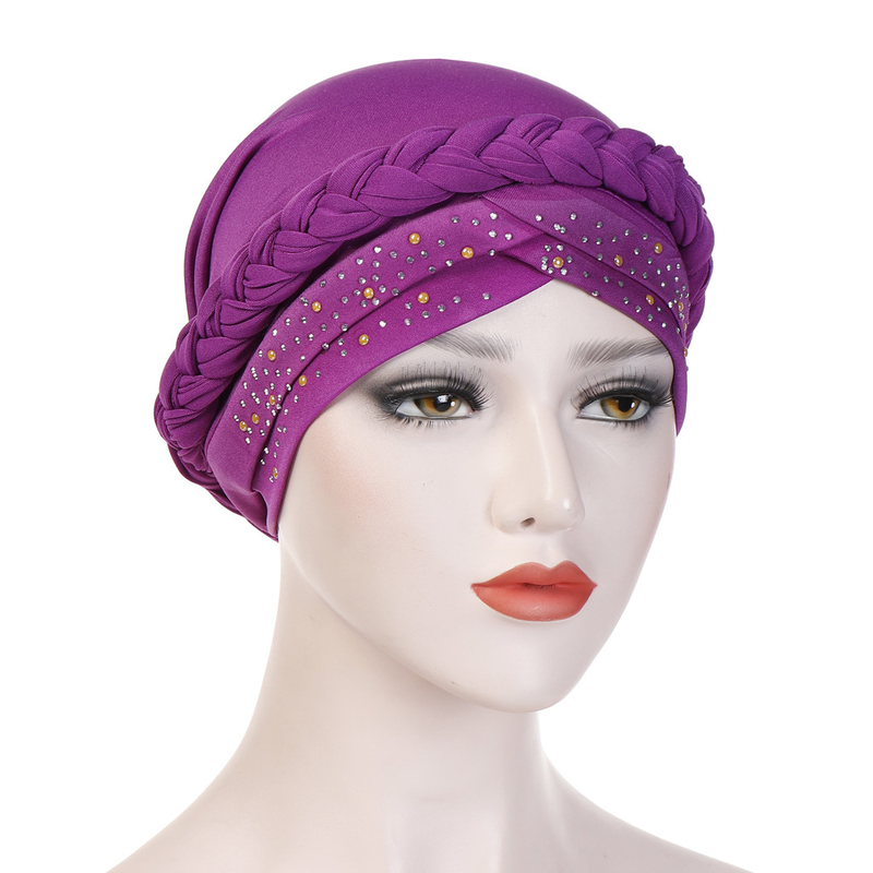 Damenhüte Außenhandel einfarbiger Single-Streifen-Hot-Diamant-Geflecht-Turban-Milchseide-Indianer-Turban-Hut_voghion.com