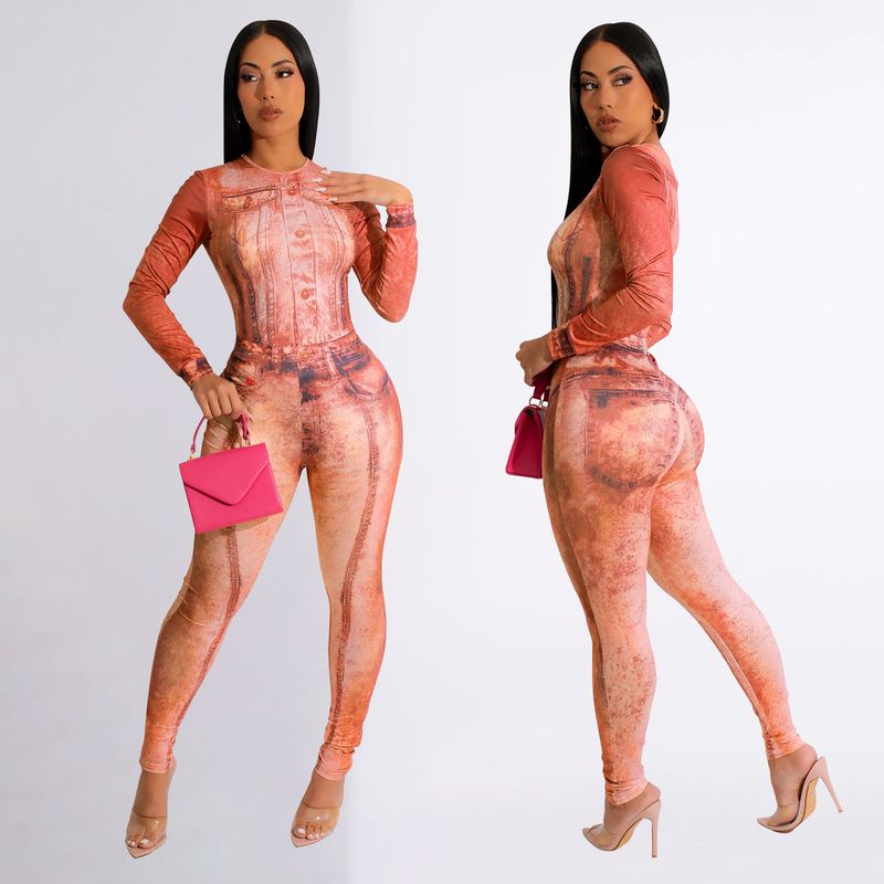 Roupas femininas macacão sexy justo estampado terno de duas peças_voghion.com