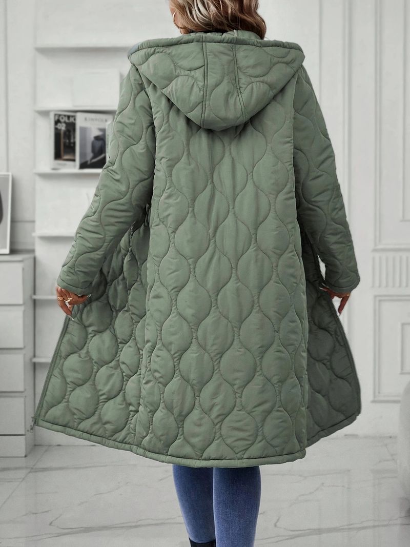 Giacca casual lunga da donna con cappuccio, imbottitura in cotone e poliestere, vestibilità ampia, cerniera frontale, tasche multiple - Nero, Cachi, Verde militare (S-XXL)_voghion.com