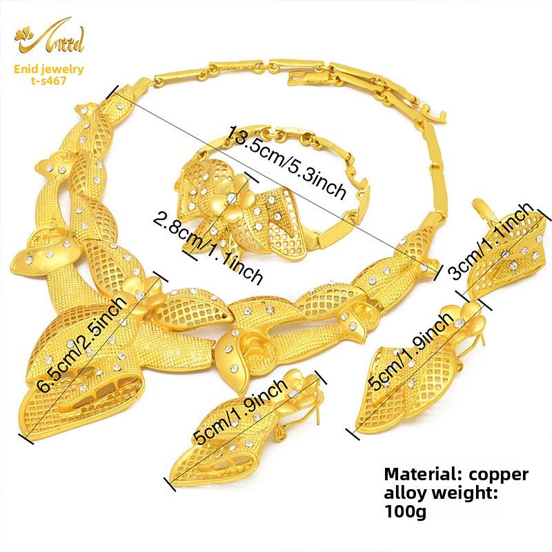 Set di gioielli in oro da donna, gioielli in lega di rame placcati in oro, gioielli da donna placcati in oro, set di collana, orecchini, anello e bracciale da sposa indiana_voghion.com