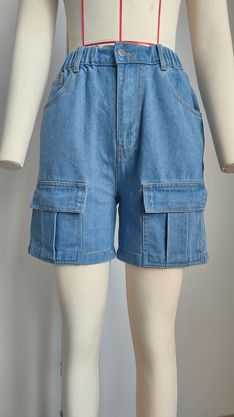 pantaloncini in denim casual da lavoro con elastico in vita lavato_voghion.com