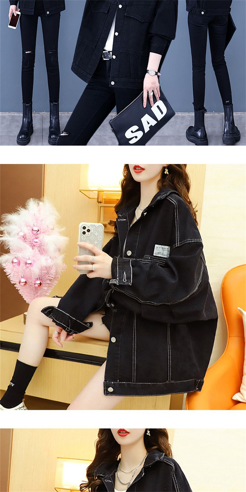 Chaqueta vaquera con remaches tachonados a mano para mujer, abrigo corto con borlas, chaqueta vaquera a la moda, abrigos negros Rock, novedad de primavera y otoño de 2023_voghion.com