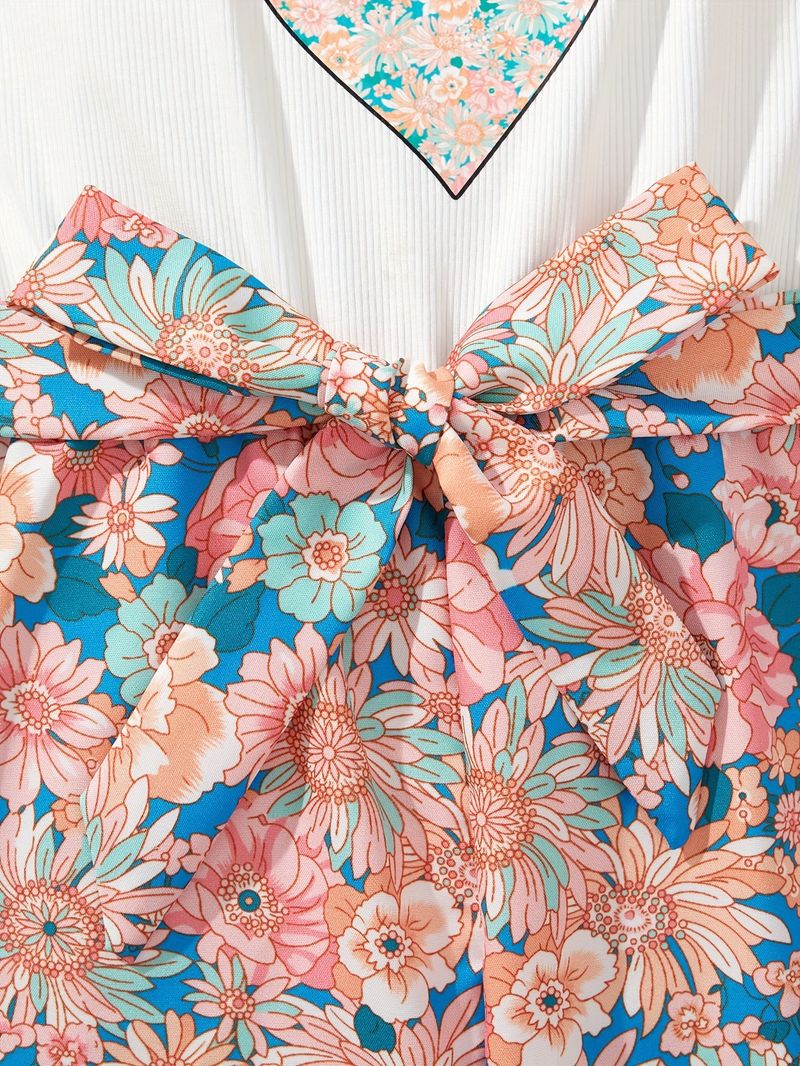 Mother & Kids INS Girls' Fashionable Ribbed Stitching Flower Full Print Jumpsuit Fashionable Pattern_voghion.com