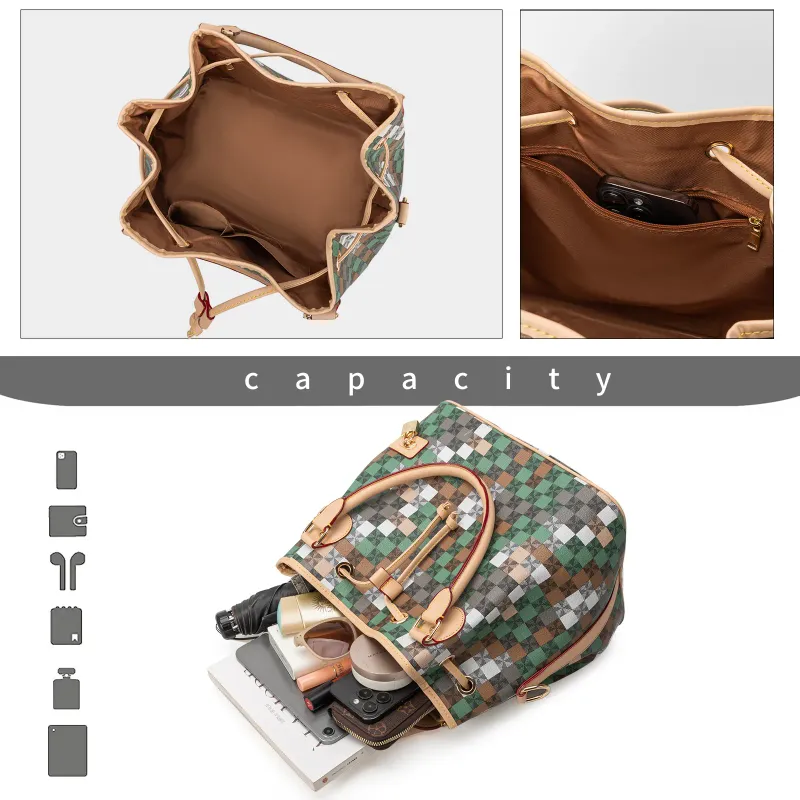 Borsa firmata con spedizione gratuita, borsa tote a quadri con chiusura a coulisse e tracolla staccabile_voghion.com