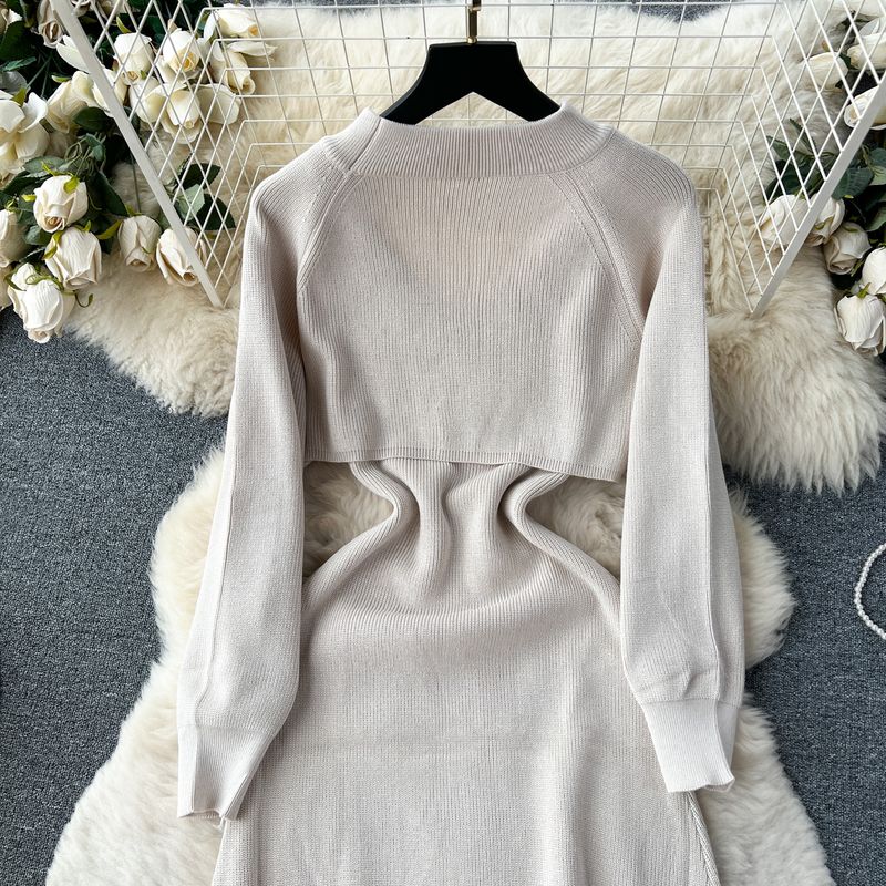 Damenbekleidung Langärmliges Strickpulloverkleid für Damen, neuer Hüftrock mit Hosenträgern für Herbst und Winter + zweiteiliges Set mit hochwertigem Schal_voghion.com