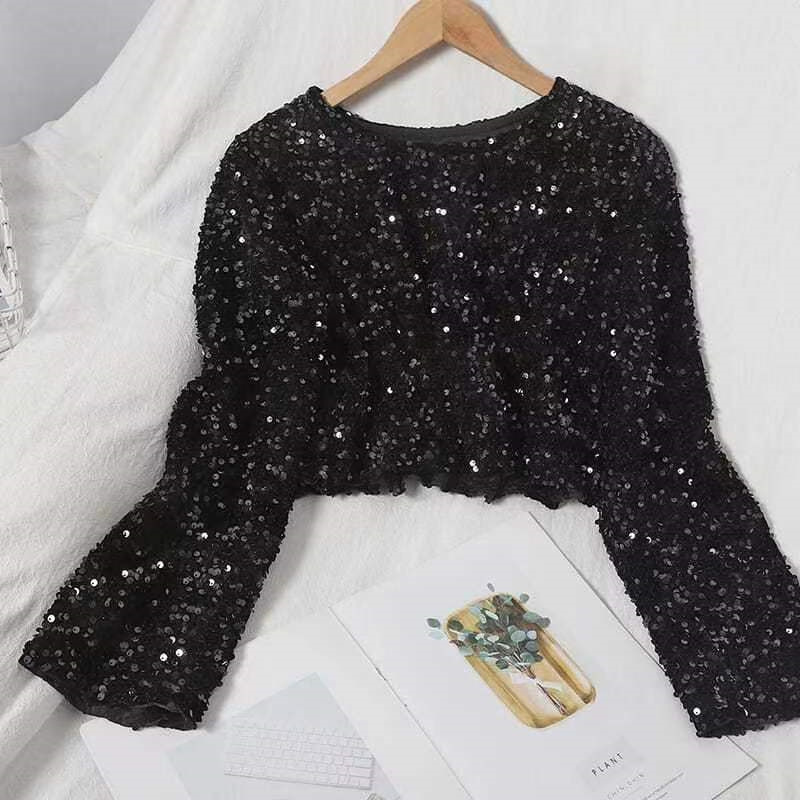 Top da donna con paillettes alla moda Temperamento T-shirt a maniche lunghe rivelatrice con vita corta versatile con paillettes_voghion.com