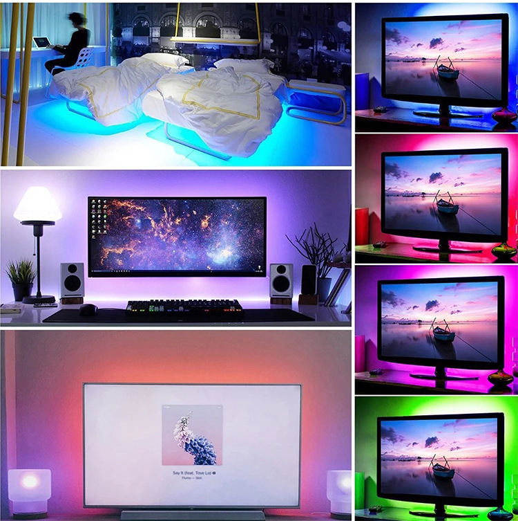 5050 RGB LED-stripverlichting 5V USB-voeding, waterdicht, zelfklevend, 16 miljoen kleuren, afstandsbediening, voor tv-achtergrondverlichting, woninginrichting, game-installatie_voghion.com