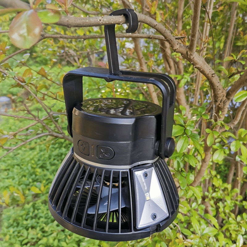 Ventilador solar recarregável para acampamento com lanterna LED - Ventilador portátil para barraca com gancho para pendurar em casa, escritório, barraca e carro_voghion.com