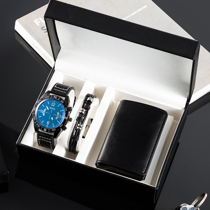 Conjunto de regalo de reloj para hombre, nuevo conjunto con reloj calendario + pulsera de piel de vaca, tarjetero, combinación creativa, conjunto de 3 piezas para novio_voghion.com