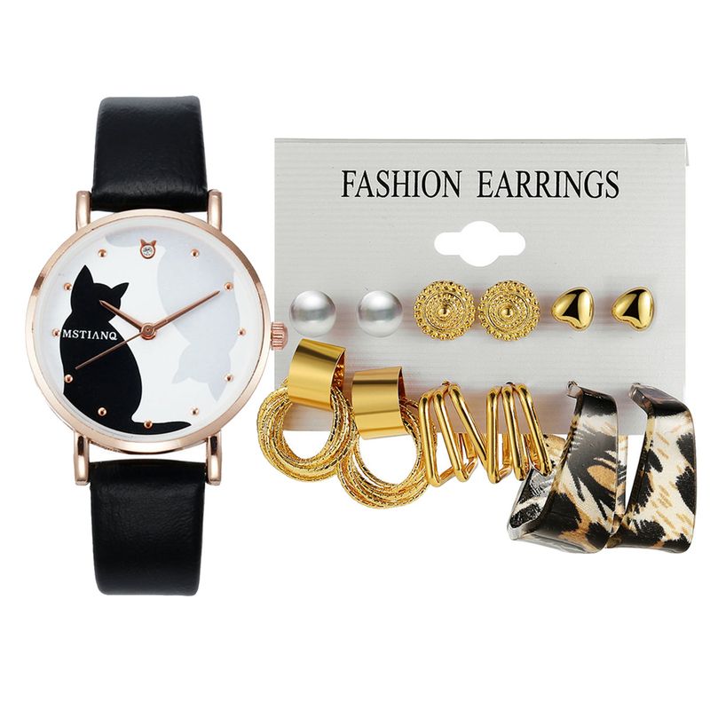 New Women's Versatile Daily Black Business Belt Small Round Watch Stud Earrings 13pcs/set Set_voghion.com