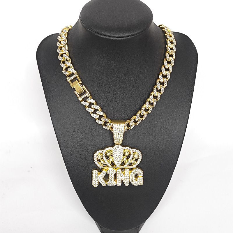 New Men's Full Diamond Chain Hip-Hop Style Personality Crown English KING Pendant Necklace_voghion.com