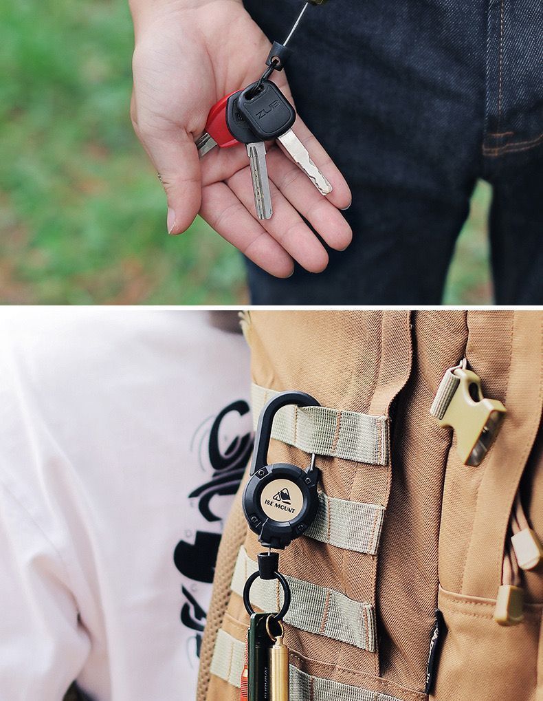 Outdoor Tactical Buckle Steel Wire Multifunctional Keychain Camping Rebound Anti-Lost Rope Retractable_voghion.com