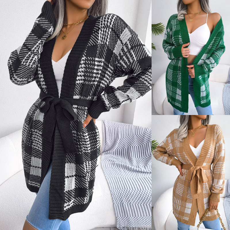 Women's Plaid Strap Lantern Sleeve Casual Open Front Cardigans Sweater Jacket Outwear_voghion.com