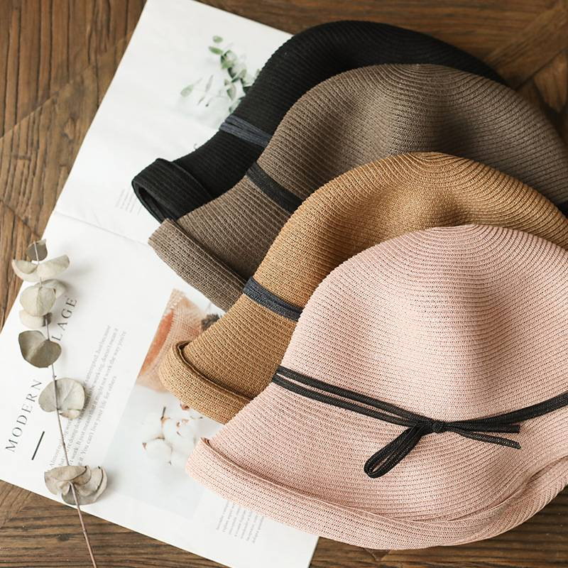 Hepburn cappello di paglia con paravento da vento cappello da bacino pieghevole retrò da donna Cappello da pescatore artistico cappello da sole semplice cappello casual_voghion.com