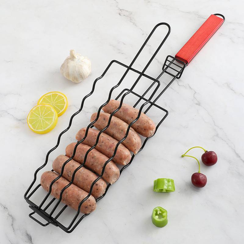 Pinzas para barbacoa de salchichas de acero al carbono para acampar al aire libre - Cesta antiadherente para parrilla de salchichas para cocinar y asar a la parrilla fácilmente_voghion.com